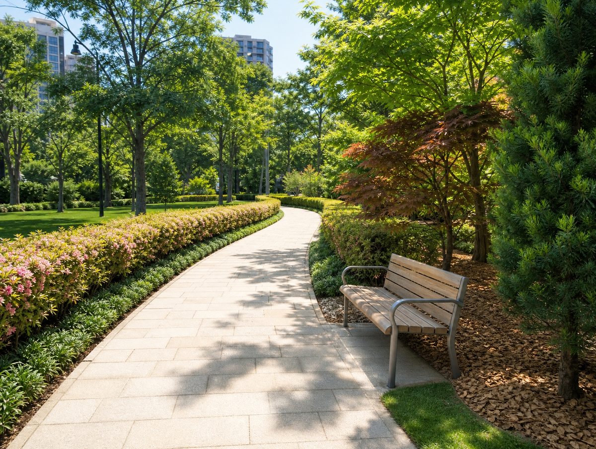 整備が完了した公園の園路と植栽帯