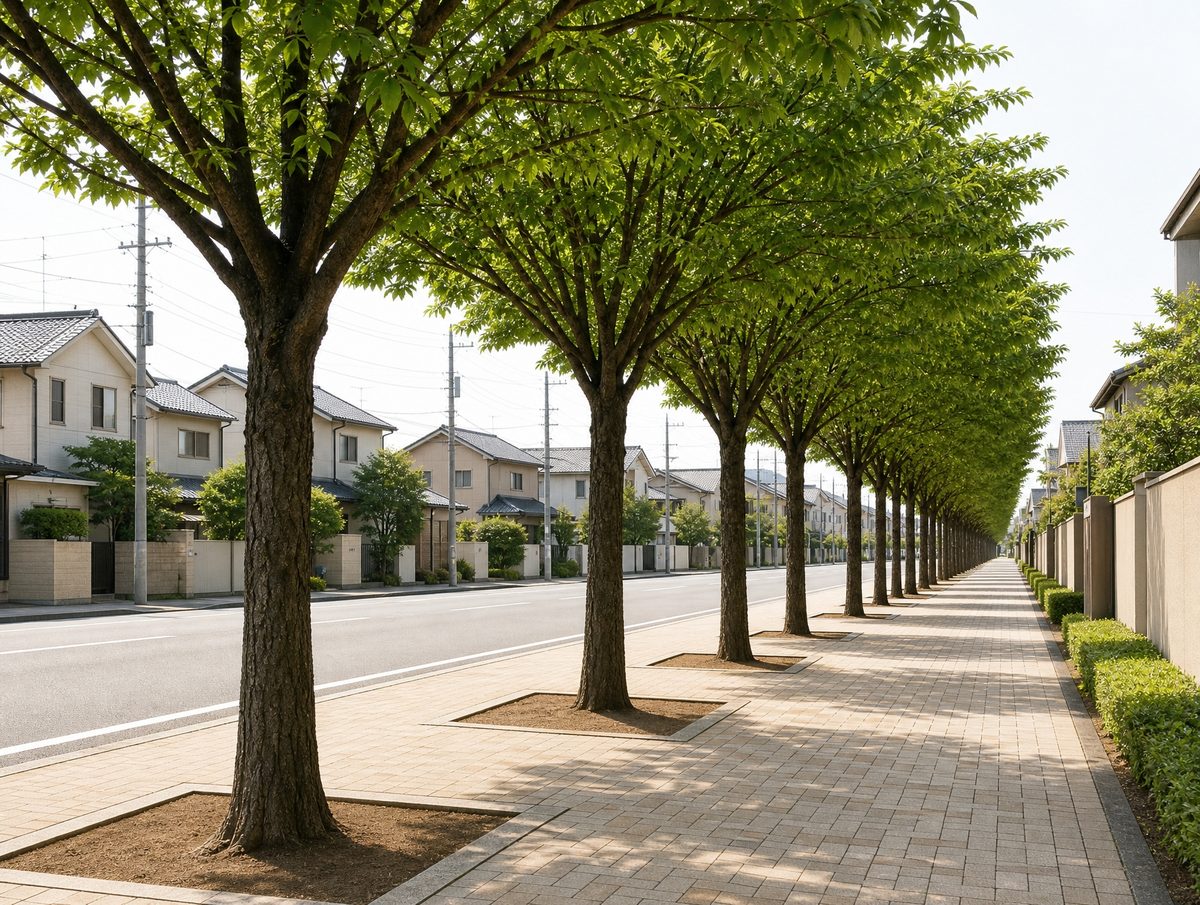 剪定が完了して枝先の高さがそろった街路樹の並木