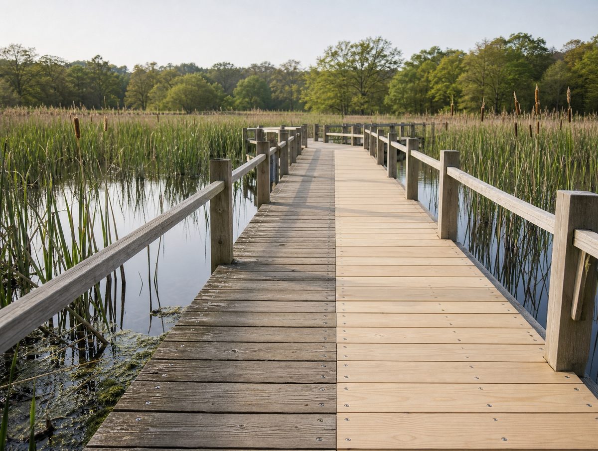 踏み板を張り替えた湿地公園の木道