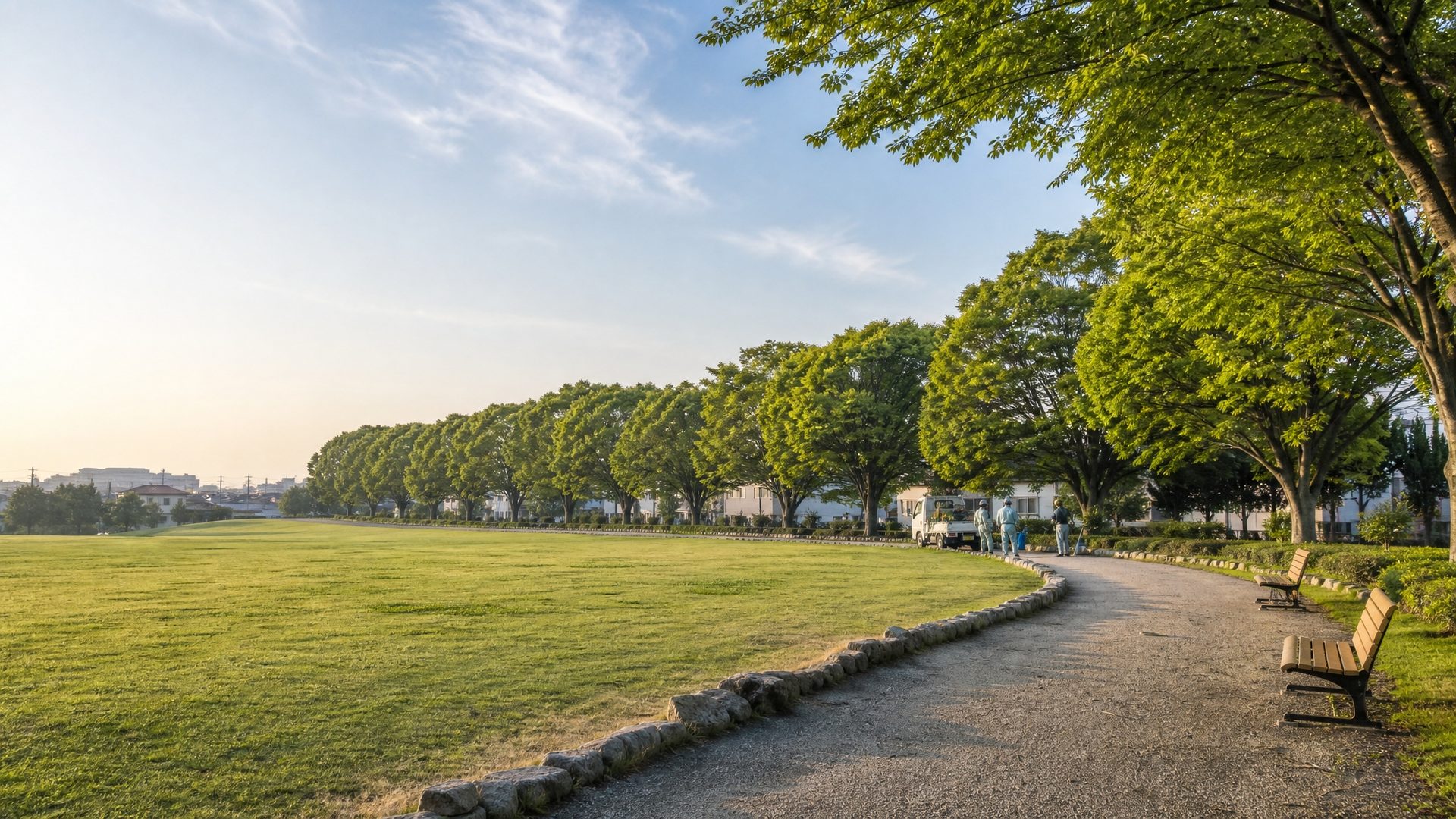 朝の光が差す、手入れの行き届いた都市公園の芝生広場と園路