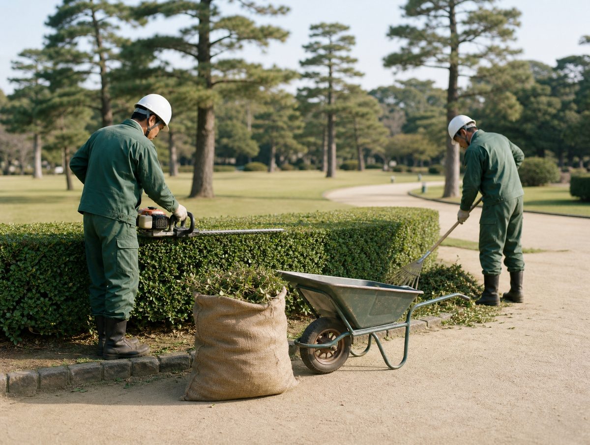 公園の植栽帯を刈り込む造園作業員