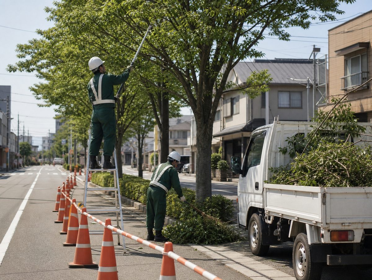 車線を規制して街路樹を剪定する作業の様子