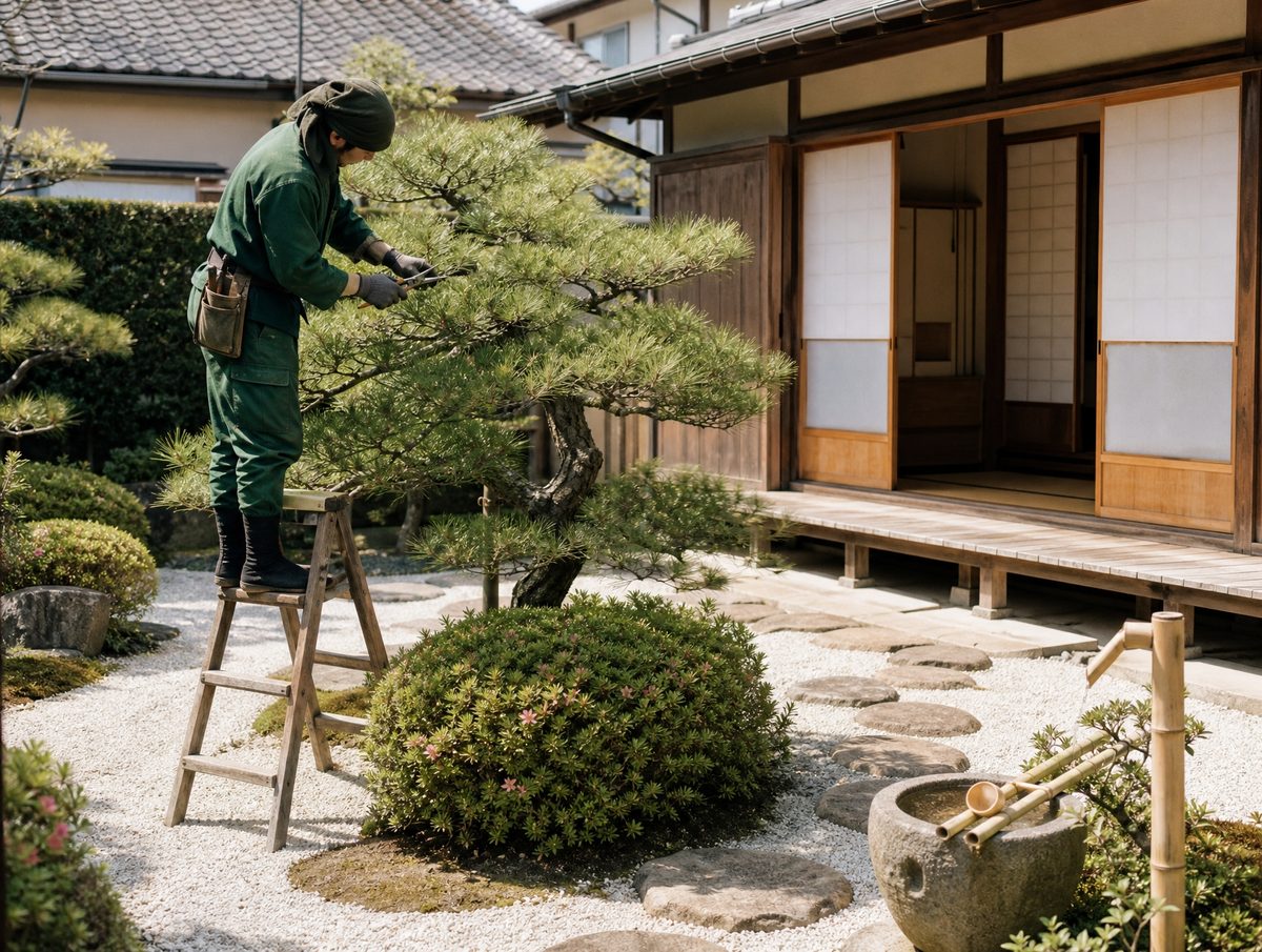 住宅の和風庭園で松を剪定する職人