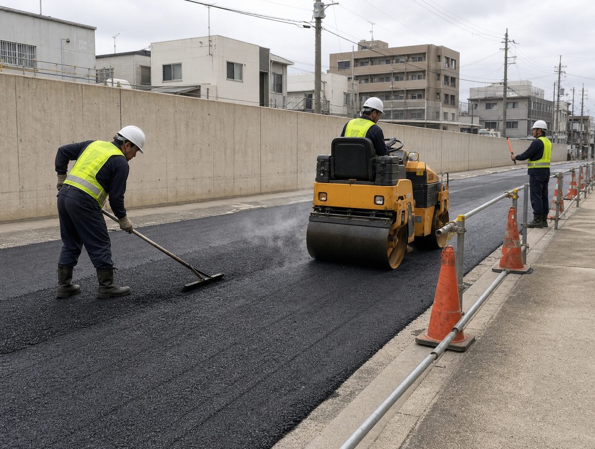 アスファルト舗装を仕上げる土木工事の現場