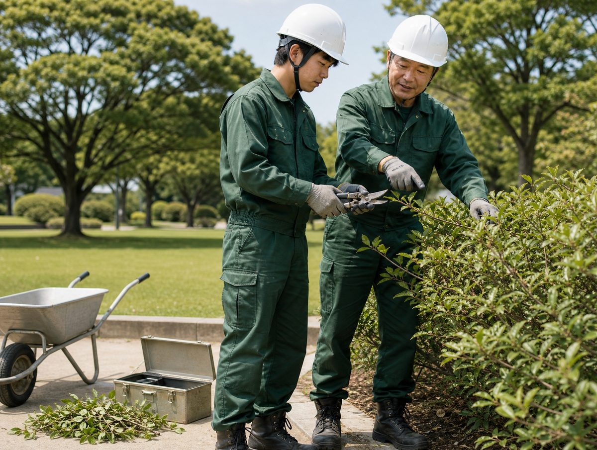 ベテランの職人が若手の作業員に剪定ばさみの使い方を教えている様子